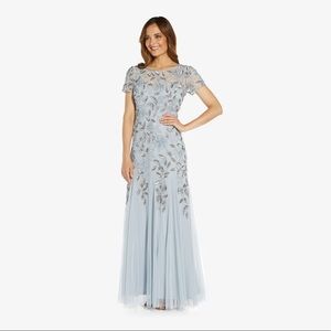 Adrianna Papell • Hand Beaded Short Sleeve Floral Godet Gown in Blue Heather